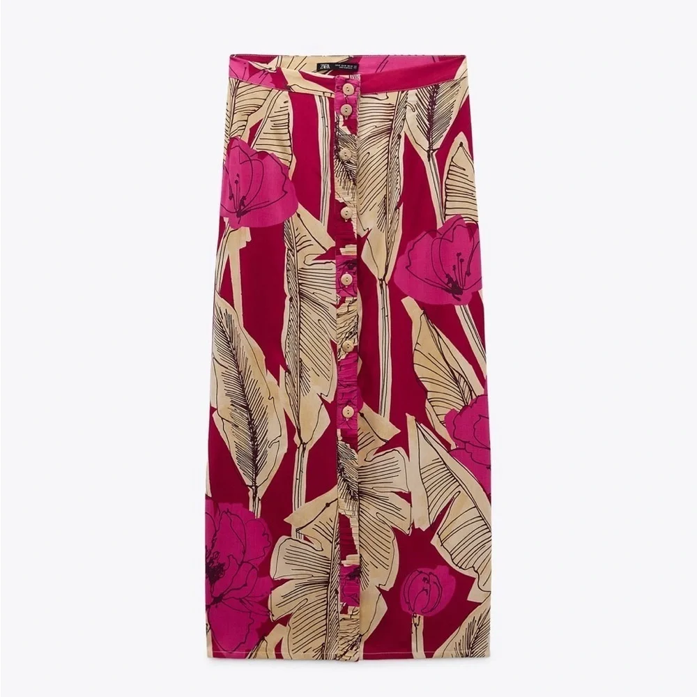 Zara New Women Bohemian Floral‎ Print High Waisted Midi Skirt Size M